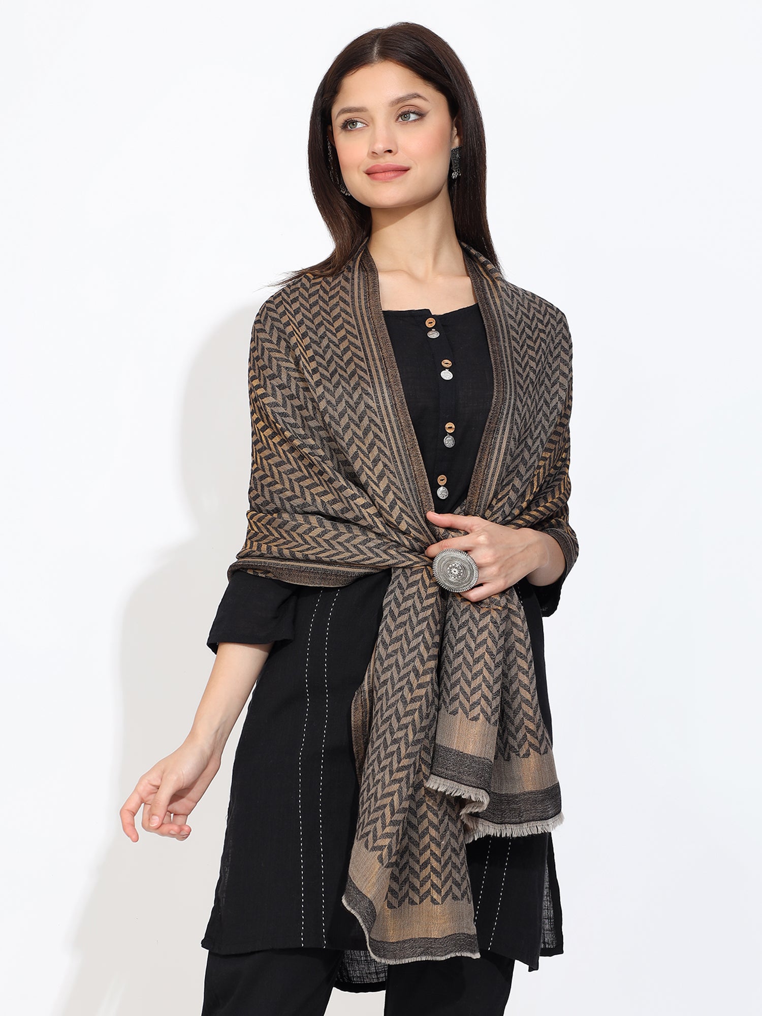 Grey Pashmina Wool Zari Chevron Pattern Stole